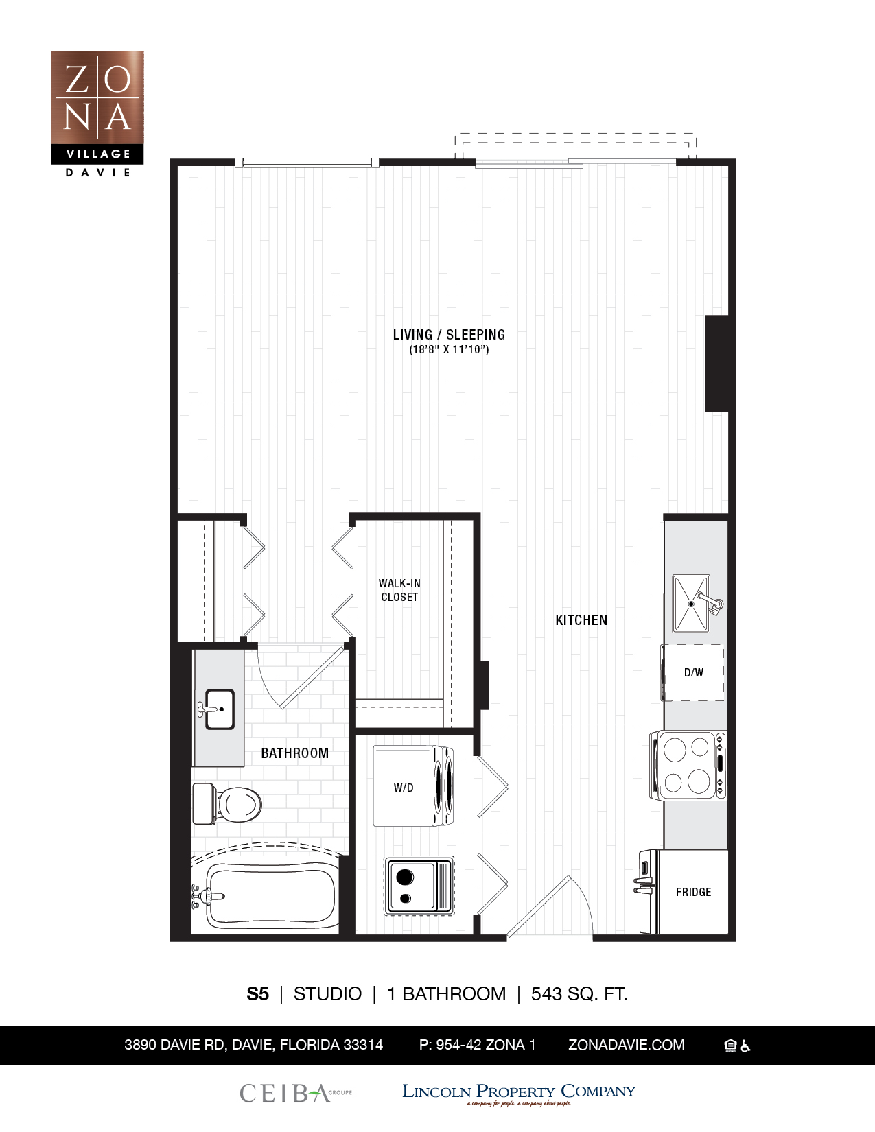 Floor plan for studio, 1 bath, 543 sqft